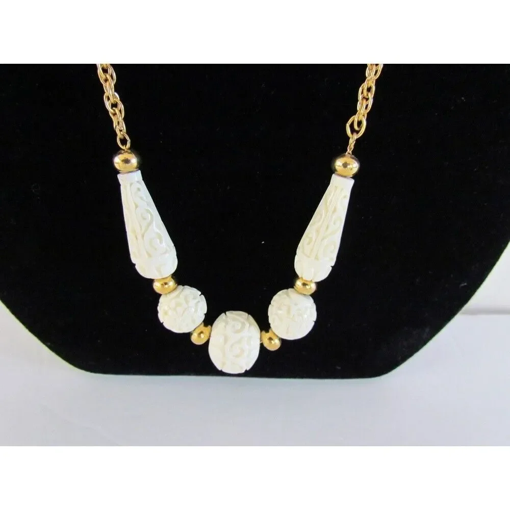 Vintage 60s Crown Trifari Sautoir Necklace Carved Faux Ivory  Gold Tone